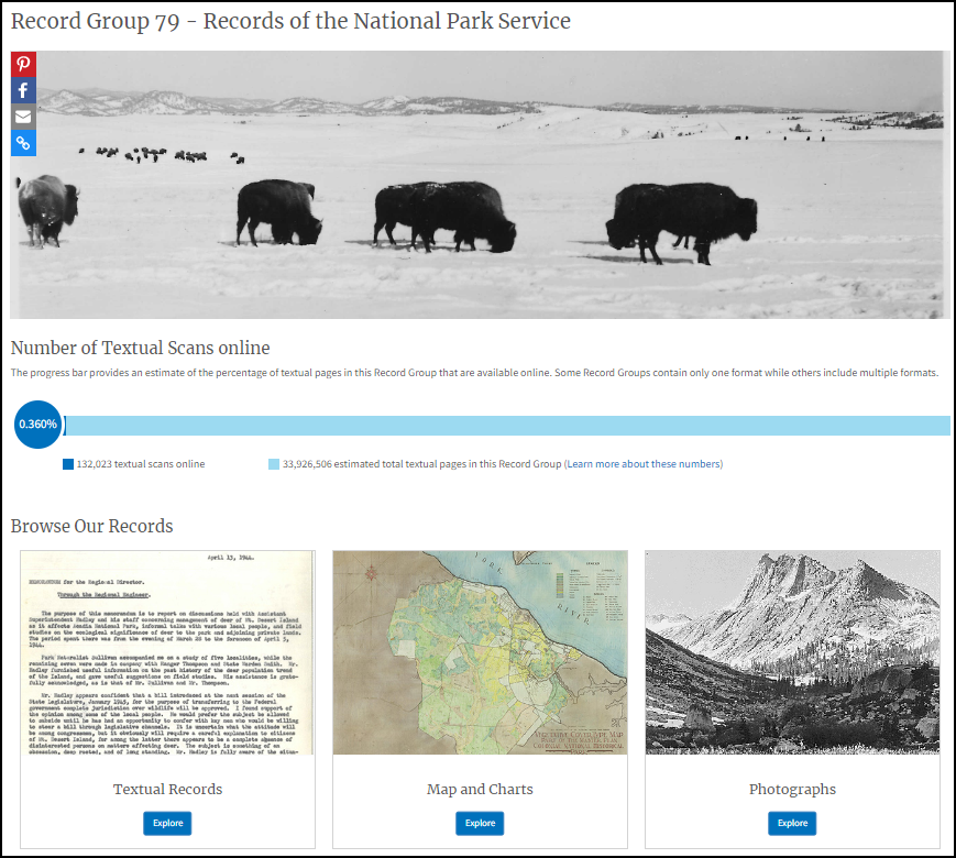 Image with screengrab of Record Group 79 from the Record Group Explorer page. The image features a header image of bison, and then three representative images from textual records, maps and charts, and photographs from the Records of the Park Service.