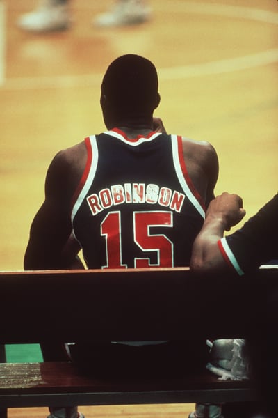 ENSIGN (ENS) David Robinson of the US Olympic men's basketball team watches the action from the bench in the preliminary game against the team from China during the XXIV Olympic Games, National Archives Identifier 6435269