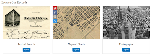 Screen capture from the Truman Presidential Library page on the Presidential Library Explorer showing textual records, maps and charts, and photographs options.