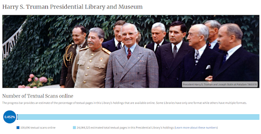 Screen capture from the Truman Library webpage of the Presidential Library Explorer