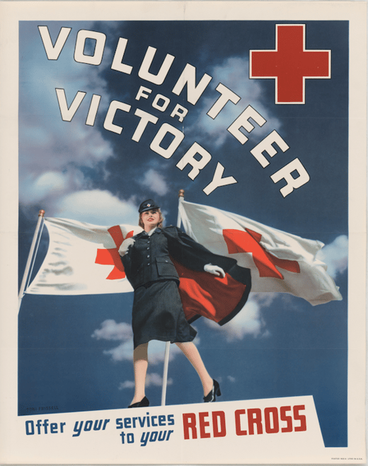 Color poster of a Red Cross nurse in uniform. Two Red Cross flags fly behind her, and the poster reads 
