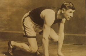 Photograph of Jim Thorpe crouched in starting position.