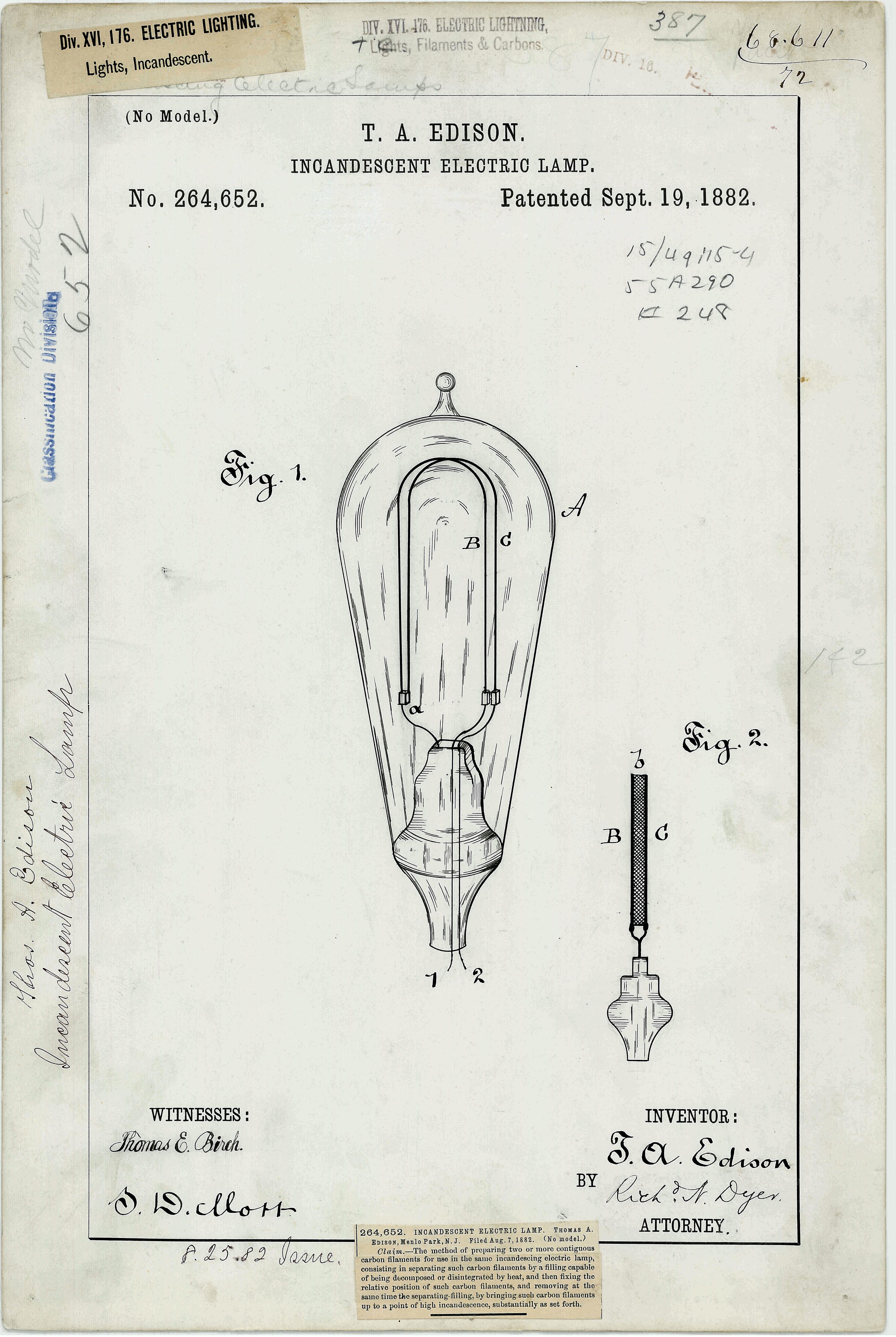 Thomas Edison's Patent Drawing for the Incandescent Electric Lamp, National Archives Identifier 17370155
