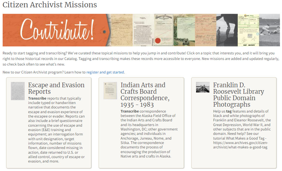 Screen capture of the Citizen Archivist Missions page showing available transcription projects