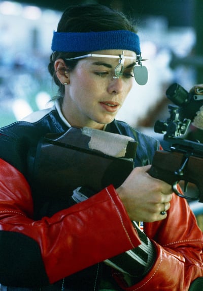  Army Captain Gloria Parmentier from Fort Benning, Georgia, practices for the shooting competition at the 1984 Summer Olympics, National Archives Identifier 6380181