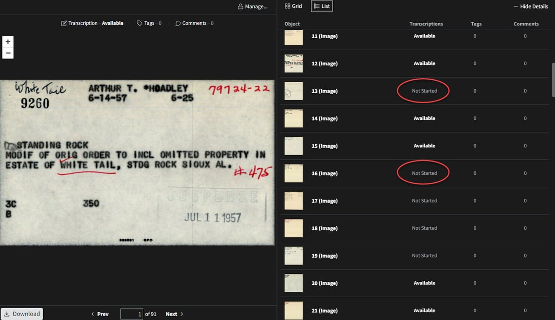 Screen capture of transcription tool, showing availability of pages to transcribe.