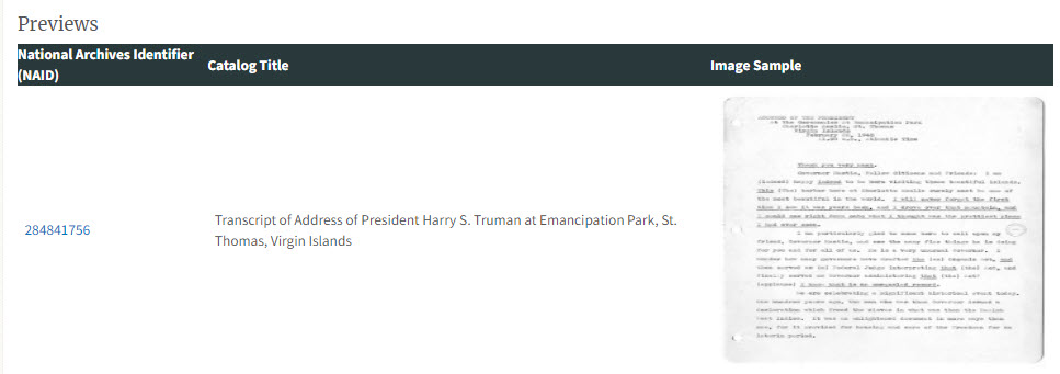 Screen capture from the What's New in the National Archives Catalog web page